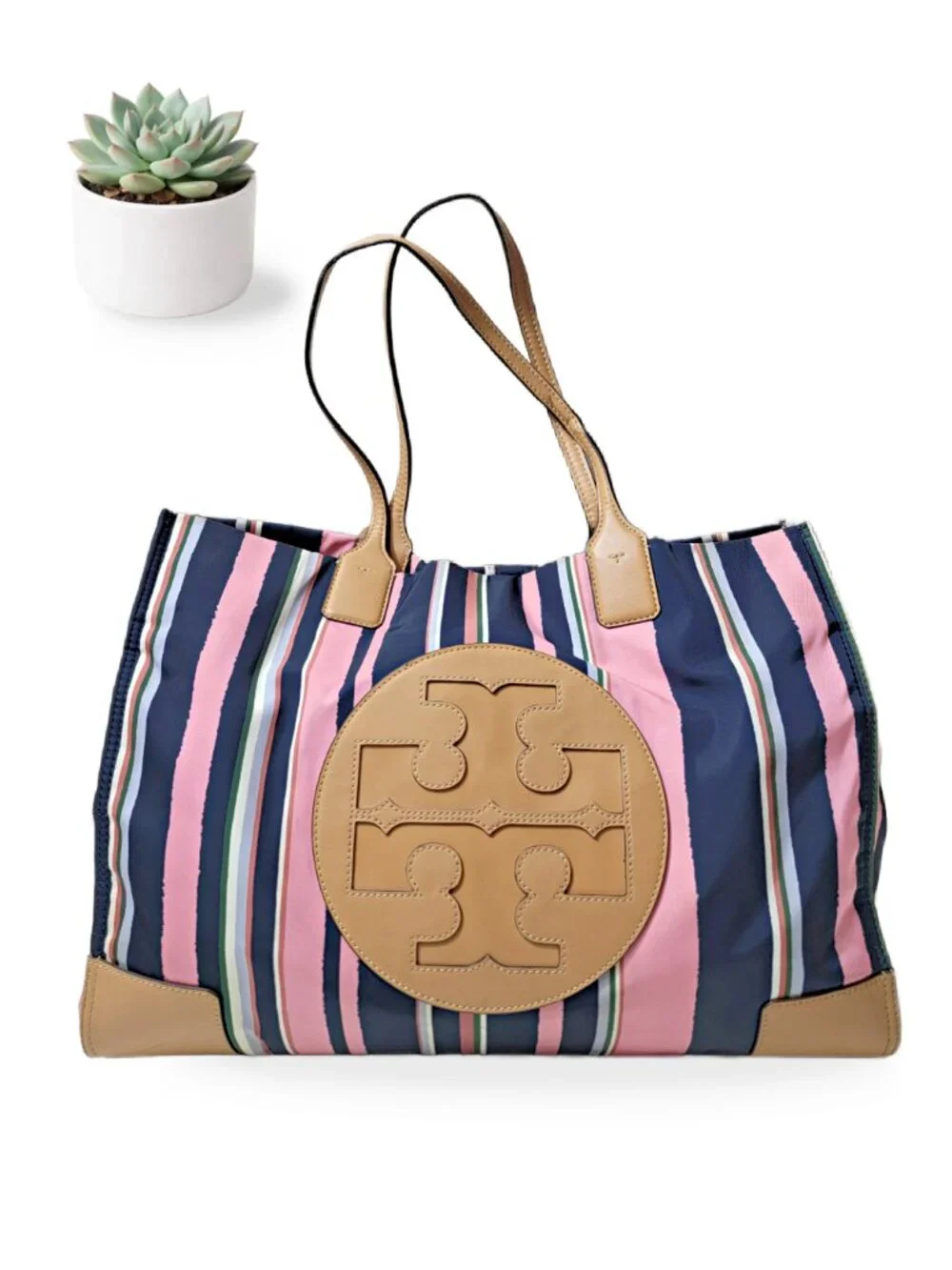 Tory Burch Ella Tote Navy Pink Stripe Nylon Large Shoulder Bag Leather Trim